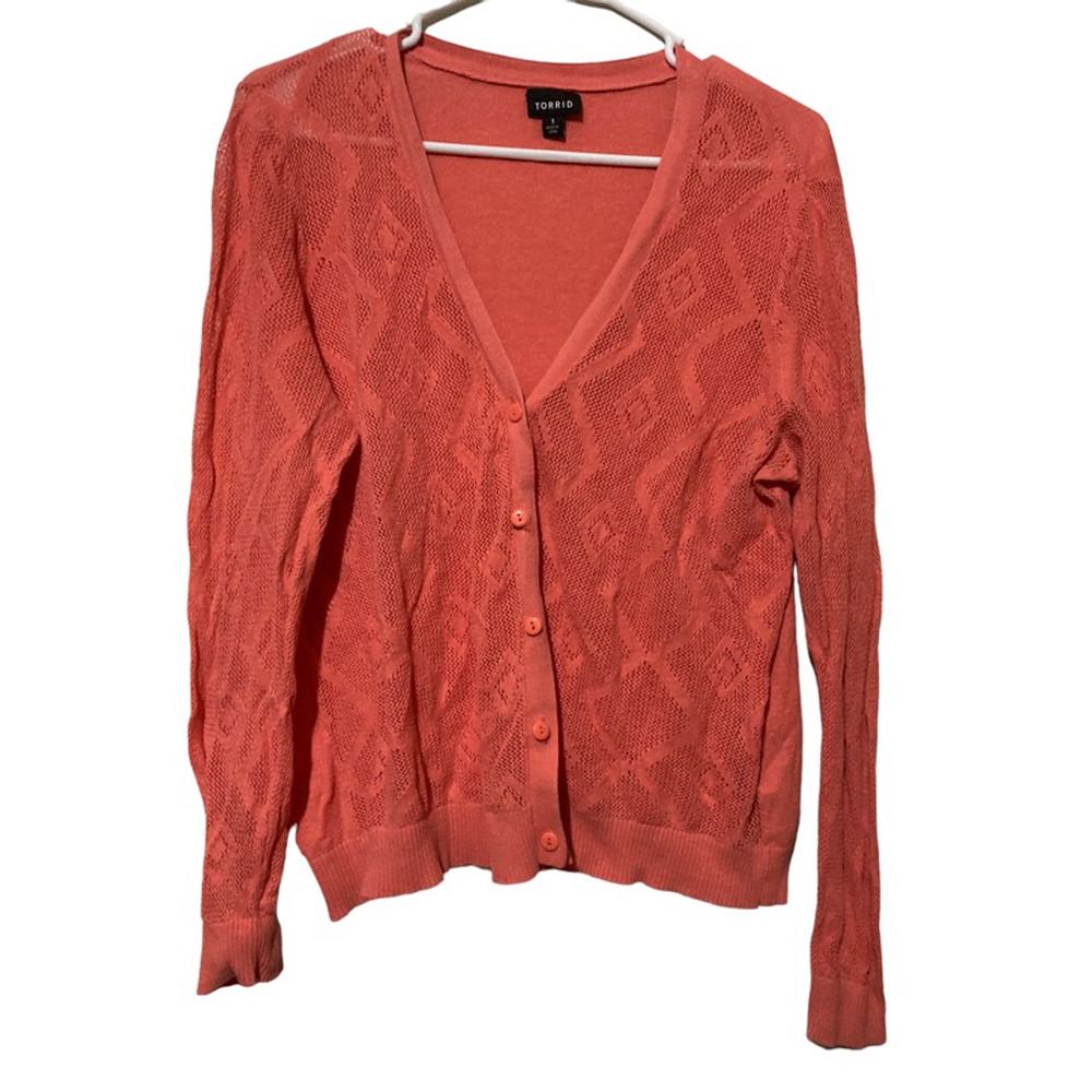 Torrid Womens Cardigan Sweater Coral Long Sleeve V Neck Crochet 100% Cotton 1X